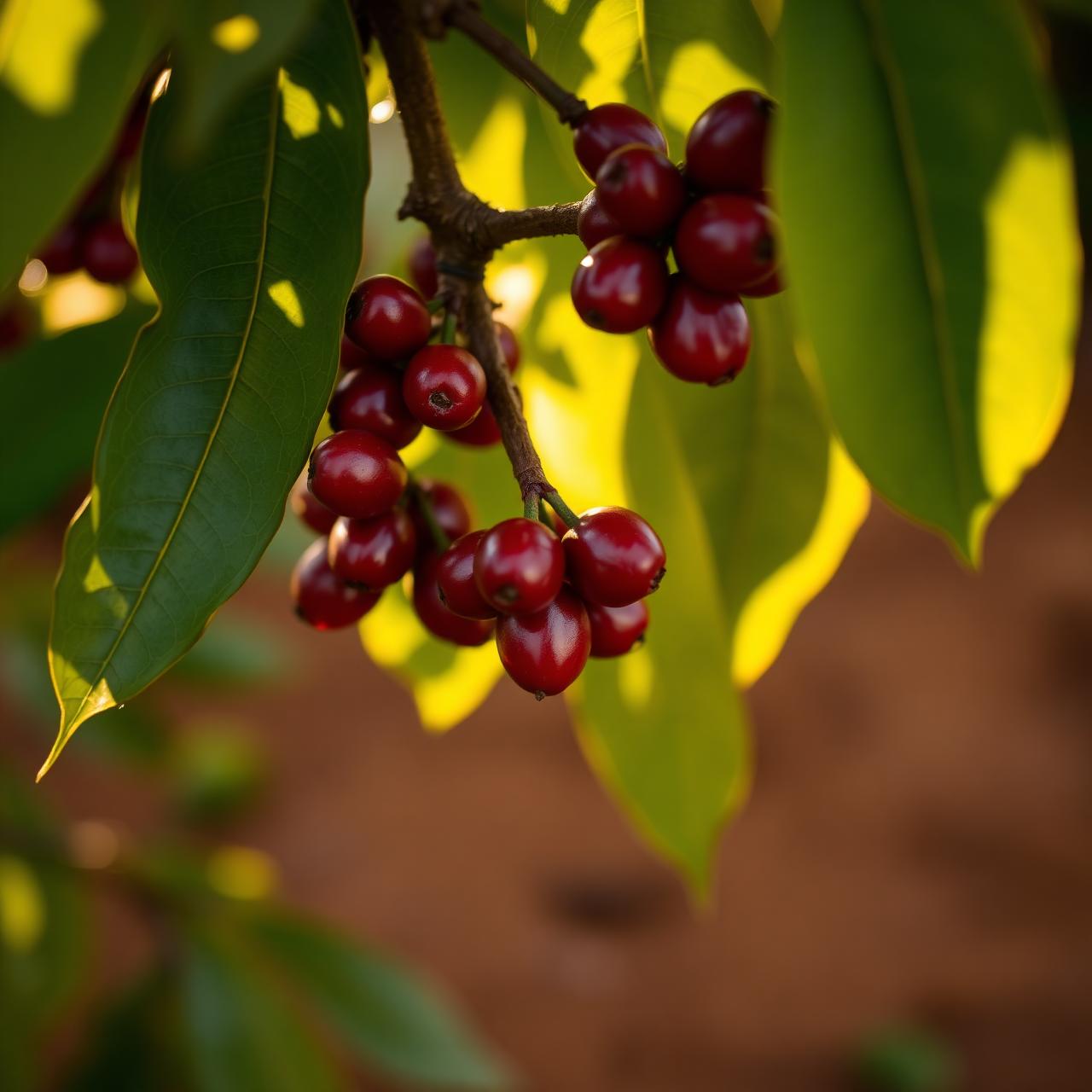 Ripe Ugandan coffee cherries on the branch