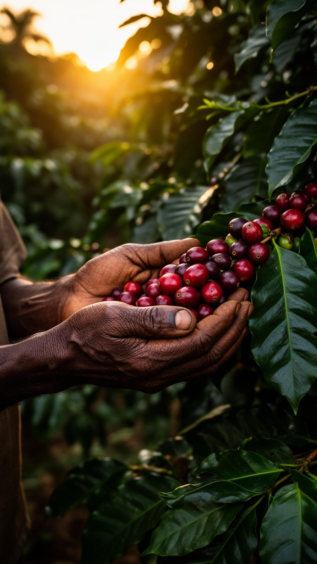 Ugandan coffee farmer holding freshly picked coffee cherries