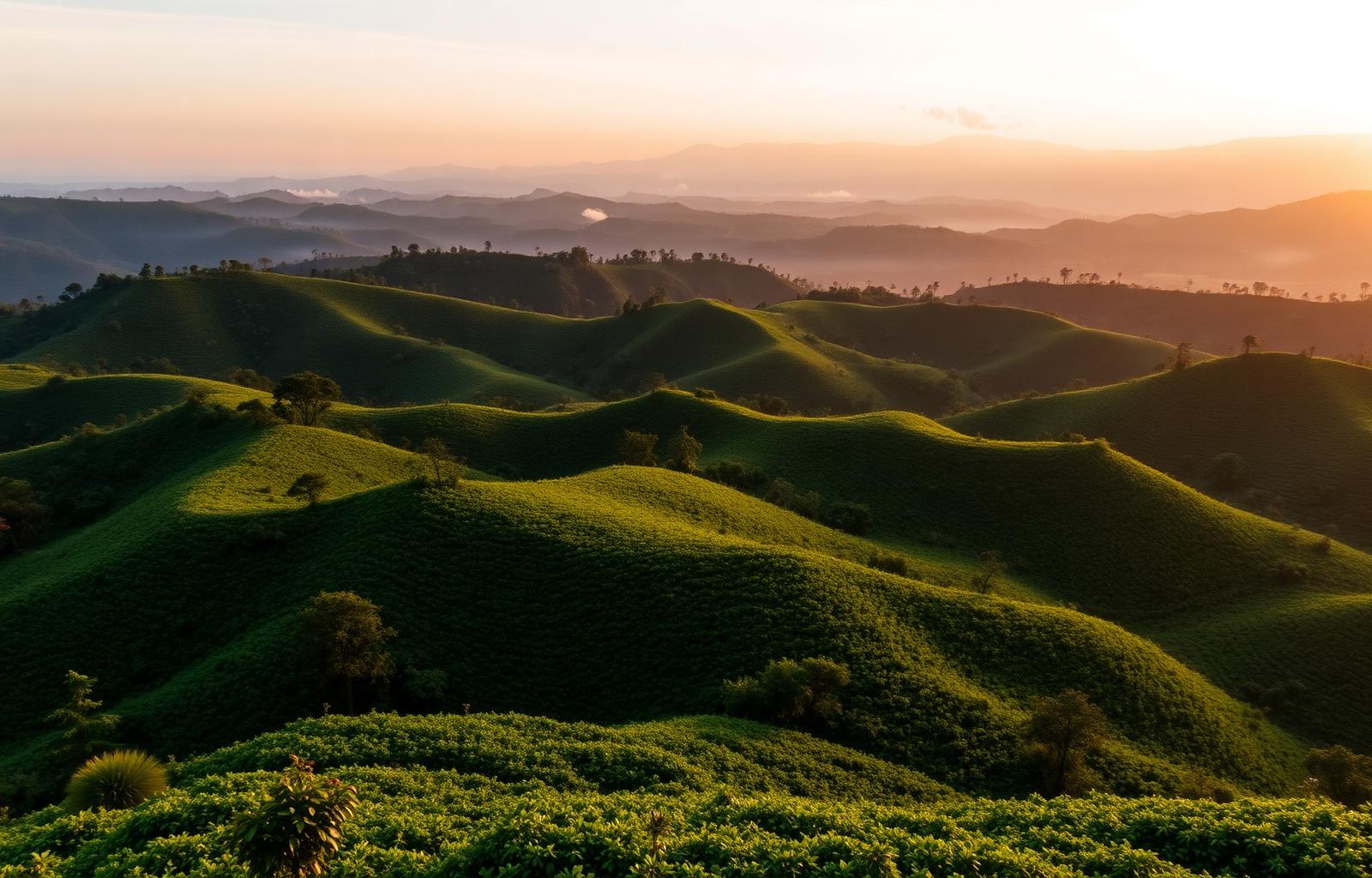 Lush green Ugandan coffee farm landscape at golden hour